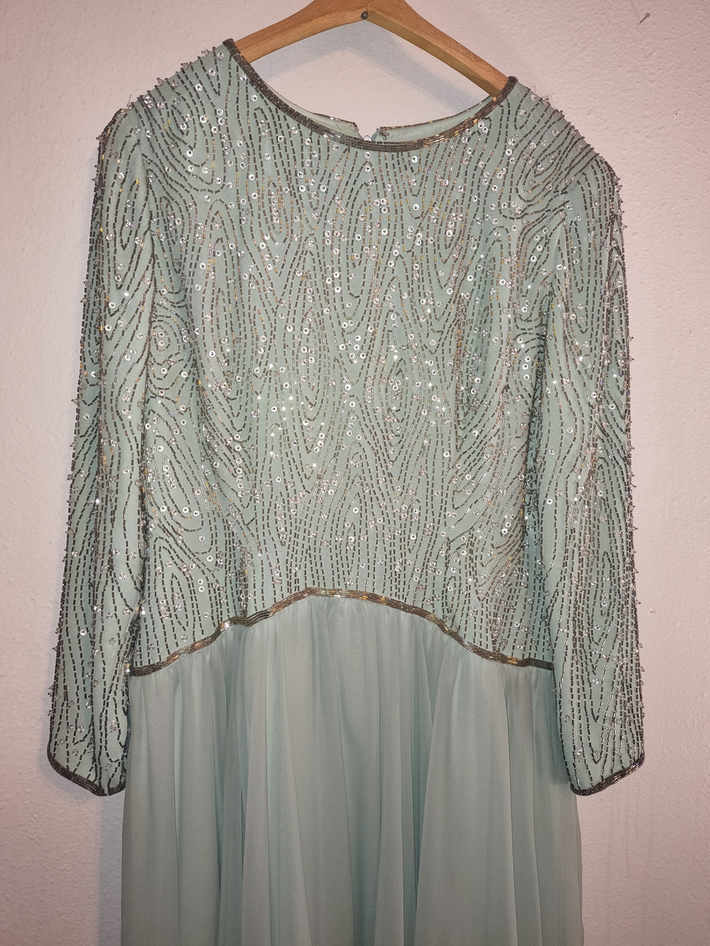 Vintage Jack Bryan Mint Green Beaded Sequin Chiffon Maxi Gown Size L/XL 14 16 - Picture 3 of 10